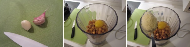 Sbucciate l’aglio e tagliatelo finemente. In un mixer mettete i ceci precedentemente cotti e l’uovo. Aggiungete il Parmigiano.