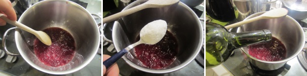 Versate il succo e la polpa passata in una pentola. Aggiungete lo zucchero e il mosto. Mescolate e cuocete fino a completo restringimento. Trasferite in un vasetto di vetro precedentemente sterilizzato.