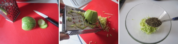 Lavate la zucchina e tagliate via l’estremità. Grattugiatela con una grattugia a fori larghi. Aggiungete il basilico e mescolate.