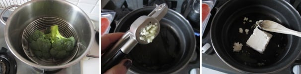 Cuocete i broccoli al vapore. Soffriggere l’aglio schiacciato in una padella con poco olio. Aggiungete la philadelphia.