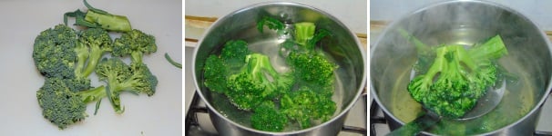Pulite i broccoli dalle foglie esterne e staccate le cimette, quindi lavateli e lessateli in acqua bollente leggermente salata.
 