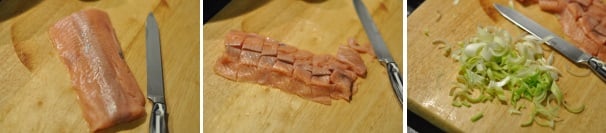 Tagliate il filetto di salmone a cubetti, il più regolarmente possibile. Fate altrettanto con la parte bianca del porro. Dovrete eliminare invece quella verde, inutile in questa preparazione.
 