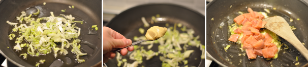 In una padella antiaderente scaldate l’olio e fate saltare i porri con la senape. Aggiungete il salmone.