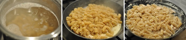 Mettete a bollire la pasta in abbondante acqua salata secondo i tempi indicati dalla confezione. Scolate, tenendo un pochino di acqua di cottura, e unitela alla crema. Saltate leggermente e servite.