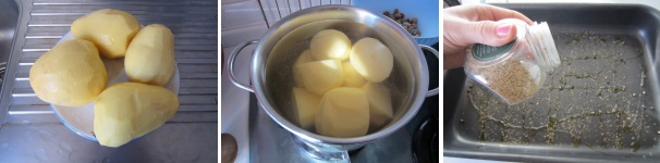 Lavate e sbucciate le patate. Tagliatele a metà, quelle più grandi in quattro parti, e mettetele a cuocere in acqua salata per circa 15 minuti. In una teglia grande versate l’olio. Cospargete con l’origano.
