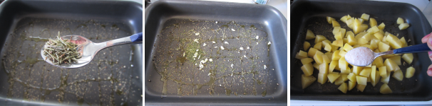 Aggiungete il rosmarino e le altre erbe, come erba cipollina e prezzemolo. Cospargete con il pepe. Aggiungete l’aglio tagliato finemente. Scolate le patate e tagliate a cubetti medi. Versatele nella teglia e salate.
 