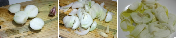 Iniziate pulendo le cipolle, tagliatele e fettine non troppo sottili e versatele assieme all’aglio intero in un tegame dai bordi alti con dell’olio extravergine.