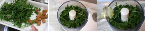 Lavate la rucola, asciugatela bene e mettetela all’interno di un mixer, aggiungendo anche l’olio e le mandorle.