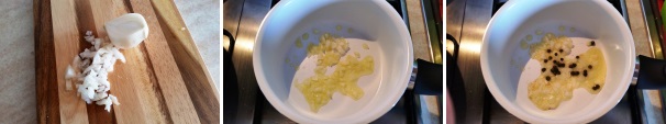 Tritate finemente metà dello scalogno e fatelo rosolare in qualche cucchiaio di olio extravergine di oliva. Aggiungete anche i grani di pepe verde sgocciolati.
 