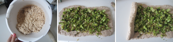 Prendete l’impasto per il pane integrale. Stendete l’impasto sul piano di lavoro e disponete sopra la farcitura. Arrotolate.