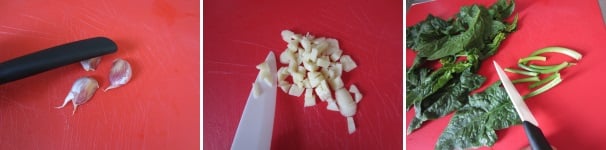 Schiacciate l’aglio con il manico di un coltello e sbucciatelo, dopodiché tagliatelo finemente. Lavate gli spinaci e tagliate via i gambi.
 