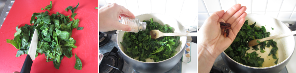 Tagliate le foglie di spinaci finemente. Riscaldate un po’ di olio nella pentola. Soffriggete l’aglio e aggiungete gli spinaci. Versate qualche cucchiaio di acqua. Salate. Aggiungete il peperoncino. Coprite con il coperchio e cuocete per circa 15 minuti a fuoco basso.