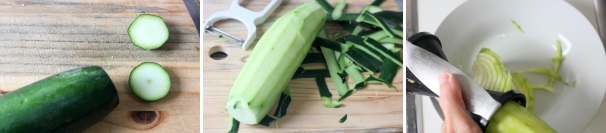 Iniziate pelando le zucchine e attraverso un tagliaverdure a spirale tagliatele a spaghetti.