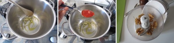 In un pentolino soffriggete l’aglio in poco l’olio. Aggiungete la polpa del pomodoro. Tritate le noci con l’aiuto di un mixer.