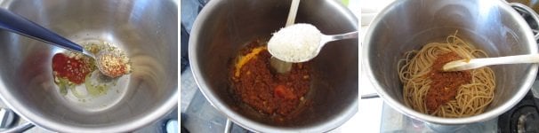 Aggiungete le noci ai pomodori e cuocete per circa 15 minuti a fuoco basso, girando ogni tanto. Aggiungete il Parmigiano Reggiano e cuocete la pasta al dente. Unite la pasta al condimento e mescolate bene. Servite subito, decorando il piatto con i pomodori grigliati.
 