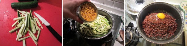 Lavate e tagliate le zucchine a bastoncini fini. Soffriggete le zucchine insieme ad aglio ed olio. Aggiungete il mais. Unite il riso con un uovo. Mescolate a fuoco lento fin quando l’uovo non cuocerà.