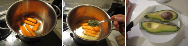 Cuocete le carote nell’acqua salata e aggiungete il dragoncello. Lavate e sbucciate l’avocado. Se è grande usatene solo metà. Tagliatelo a cubetti.