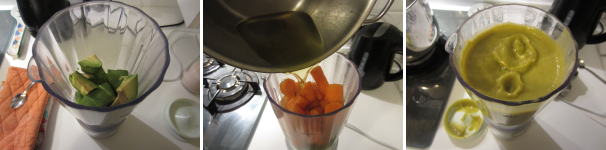 Mettete l’avocado in un frullatore. Aggiungete le carote tagliate a dadini e leggermente raffreddate. Versate parte dell’acqua di cottura, aggiungete qualche goccia di olio e frullate fino ad ottenere una consistenza liscia.