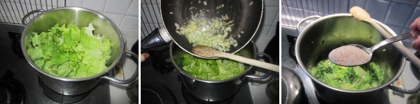 Mettete in una pentola il brodo vegetale e portatelo ad ebollizione. Mettete dentro la lattuga e abbassate il fuoco. Aggiungete il soffritto. Coprite e cuocete circa 5 minuti. Salate.