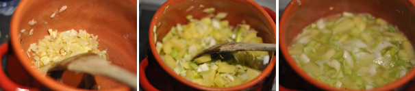 In una pirofila fate scaldare un cucchiaio di olio e fate dorare l’aglio e la cipolla. Aggiungete le patate e il porro e lasciateli cuocere 5 minuti. Ora irrorateli con il brodo fino a coprirli bene. Lasciate cuocere per 20 minuti.