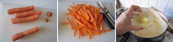 Lavate le carote. Tagliate via l’estremità e sbucciatele, dopodiché tagliatele a bastoncini. In una casseruola versate l’olio e aggiungete la cipolla tagliata finemente. Soffriggetela. Aggiungete il brodo vegetale.