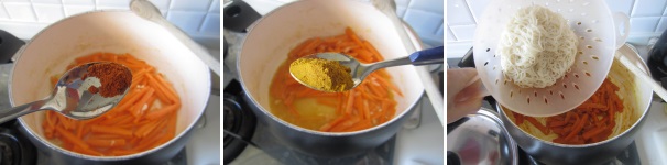 Cuocete le carote al fuoco medio, aggiungendo altro brodo se necessario. Cinque minuti prima del termine della cottura aggiungete il peperoncino e il curry. Coprite con il coperchio e lasciate cuocere al fuoco lento per altri 5 minuti, mescolando ogni tanto. Cuocete i vermicelli secondo le indicazioni riportate sulla confezione. Aggiungete i vermicelli scolati e passateli sotto l’acqua fredda, dopodiché uniteli alle carote. Mescolate accuratamente e servite subito.