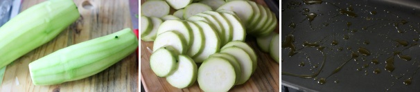 Pelate le zucchine e tagliatele a rondelle, nel frattempo versate dell’olio in una teglia.