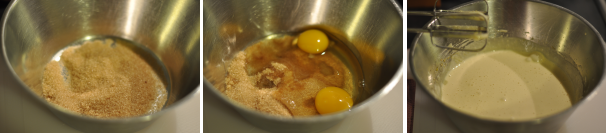 In una ciotola capiente versate lo zucchero di canna e le due uova. Con le fruste elettriche mescolate il composto fino a renderlo spumoso e gonfio.