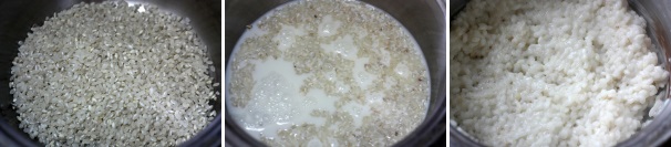 Iniziate facendo bollire a fuoco basso il riso all’interno di un pentolino assieme al latte e allo zucchero. Cuocete per circa venti minuti fino a quando il riso assorbirà tutto il latte. Una volta cotto trasferitelo in un piatto e lasciatelo raffreddare.