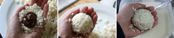 Prelevate un po’ di riso e sul palmo della mano appiattitelo cercando di ricavare una sorta di conca, aggiungete un cucchiaino di Nutella e chiudete con un altro po’ di riso cercando di formare una palla. A questo punto immergete delicatamente l’arancino in un composto di acqua e farina.