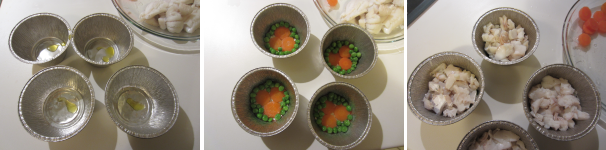 Preparate le pirofile, ungetele leggermente con l’olio e disponete in fondo le carote e i piselli. Coprite con il pesce.