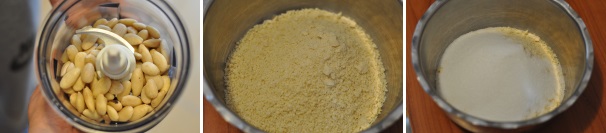 Frullate le mandorle il più possibile, fino ad ottenere una farina impalpabile. Unite lo zucchero, la vanillina e il lievito.