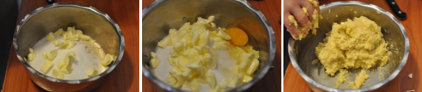 Aggiungete il burro a tocchetti, rotti con le mani, e l’uovo. Impastate velocemente fino a far assorbire l’uovo all’impasto.