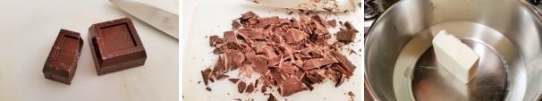 Preparate il cioccolato fondente e tritatelo grossolanamente con un coltello. Successivamente mettete un’altra casseruola sul fuoco a bassa temperatura e aggiungete il burro.
 