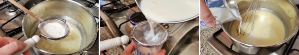 Incorporate con l’aiuto di un setaccio la farina al composto, mescolando in maniera energica in modo da addensare gli ingredienti. Nel frattempo filtrate il latte con la vaniglia raffreddato e unitelo a filo alla farina addensata con il burro e lo zucchero.