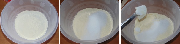 In una ciotola capiente setacciate la farina, unitevi 50 grammi di zucchero e lo strutto.