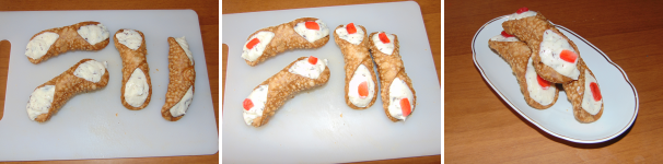 Quando tutti i cannoli saranno pronti, posizionate sopra ad ogni estremità mezza ciliegina candita, quindi riponeteli in frigo e serviteli ben freddi.
 