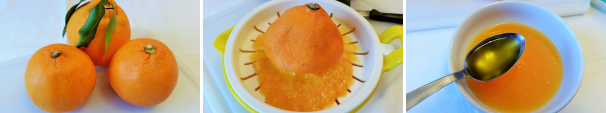 Prendete le arance, iniziate a spremere una sola arancia, mettete il succo in una ciotola e unite due cucchiai di olio d’oliva extravergine.