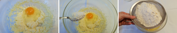 Unite le uova una alla volta alternando con un cucchiaio di farina, ripetete questa operazione per tutte e tre le uova, al termine con un setaccio unite la farina avanzata e un cucchiaino di lievito in polvere.