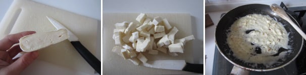 Tagliate il brie a cubetti piccoli. Soffriggete l’aglio in una padella ed aggiungete il brie. Sciogliete il formaggio a fuoco basso.