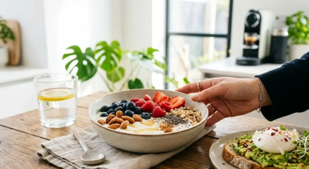 Bowl di yogurt greco con mirtilli, mandorle e semi di chia accanto a un avocado toast con uovo in camicia, esempio di colazione bilanciata per evitare cali di energia.