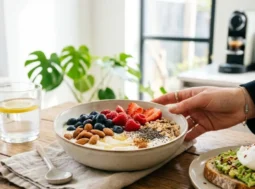 Bowl di yogurt greco con mirtilli, mandorle e semi di chia accanto a un avocado toast con uovo in camicia, esempio di colazione bilanciata per evitare cali di energia.