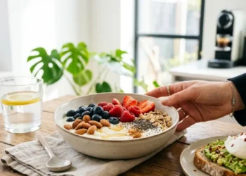 Bowl di yogurt greco con mirtilli, mandorle e semi di chia accanto a un avocado toast con uovo in camicia, esempio di colazione bilanciata per evitare cali di energia.