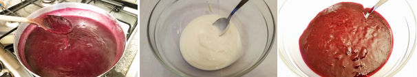 Continuate a mescolare il composto in modo che la crema di mirtilli si addensi. Lasciate che si intiepidisca, mescolando di tanto in tanto, e nel frattempo in una ciotola preparate lo yogurt. Quando la crema si sarà raffreddata unitela allo yogurt.
 