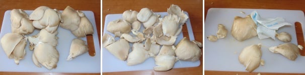 Iniziate pulendo i funghi che avrete tirato fuori dal frigo almeno una mezz’ora prima. Separate le foglie dei funghi ed eliminate le parti finali, solitamente più dure, quindi puliteli con un panno umido.