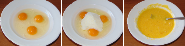 In un recipiente profondo rompete le uova, unite il formaggio grattugiato e mescolate bene il tutto con una frusta o una forchetta.