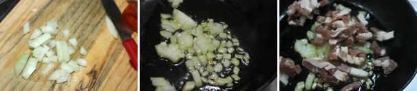 Fate soffriggere in una padella con un po’ d’olio la cipolla a cui aggiungerete la pancetta.