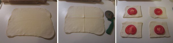 Stendete la pasta sfoglia non troppo finemente e tagliatela in quattro quadrati. Disponete su ogni quadrato una fetta di pomodoro e salatela.