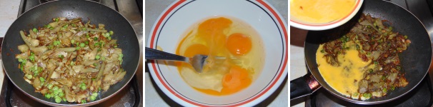 Non appena carciofi e i piselli saranno cotti, salate il tutto moderatamente. In una ciotola sbattete le uova con un pizzico di sale e versatele nella padella calda cuocendo fiamma media. Lasciate addensare con il coperchio qualche minuto.