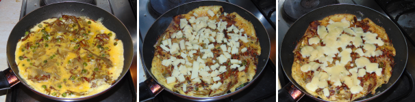 Capovolgete la frittata e cospargete la superficie con l’Emmentaler tagliato a pezzetti, coprite con il coperchio per un minuto e spegnete il fuoco. A questo punto siete pronti per servire la vostra golosa frittata.